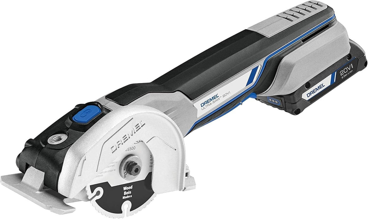 Side profile of the Dremel US20V cordless compact circular saw with the wood cutting blade and 20V MAX battery attached.