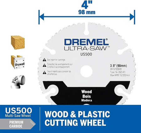 Infographic for the Dremel US500 wood and plastic cutting wheel, showing its 4-inch diameter and icons for cutting wood, drywall, and PVC.