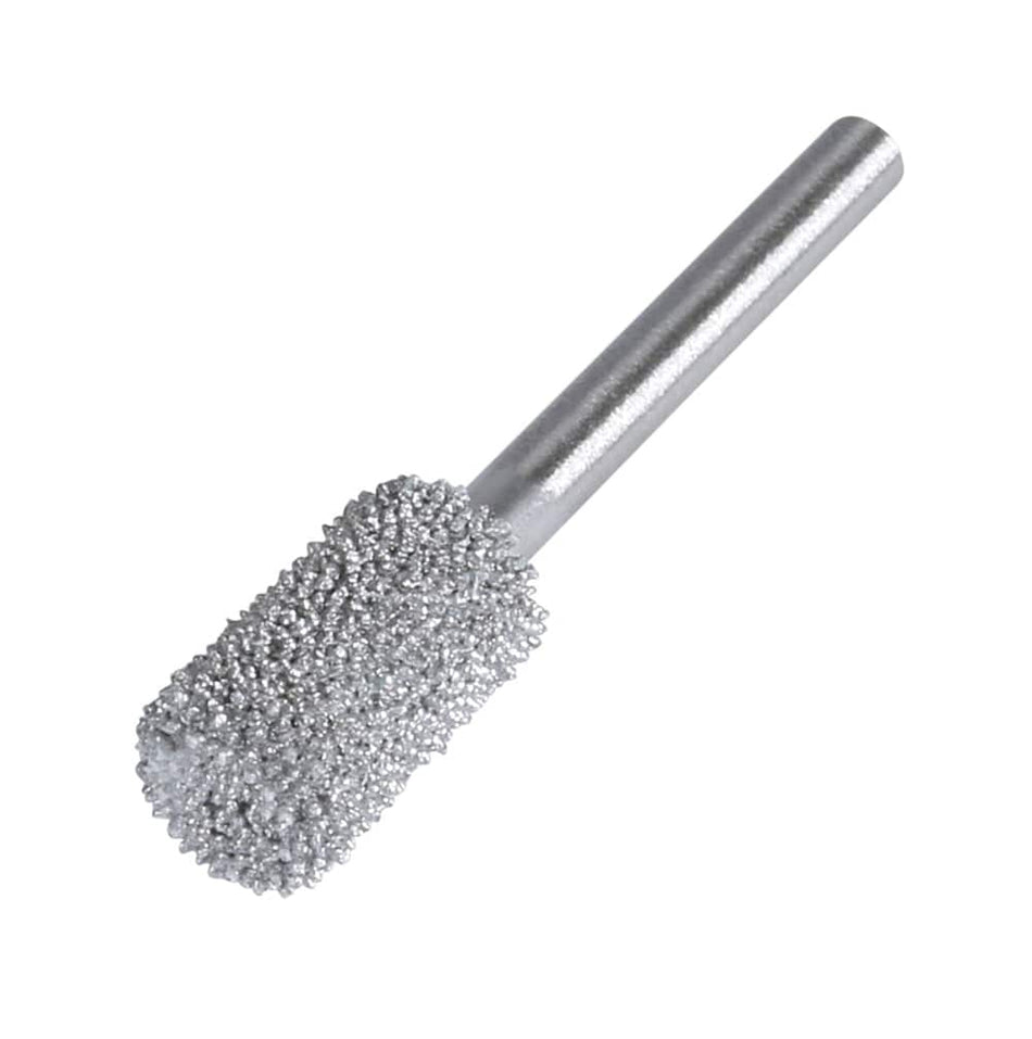 A Dremel 9933 structured tungsten carbide carving bit featuring an aggressive 5/16-inch cylinder head with sharp teeth designed for rapid material removal in fiberglass, wood, and plastic.