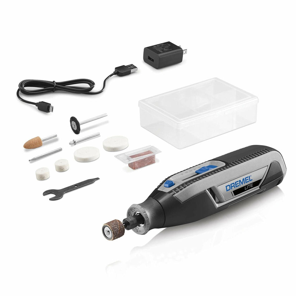 The complete Dremel 7760 N/10 kit contents laid out on a white background, including the rotary tool, 10 accessories, USB cable, power adapter, and accessory case.