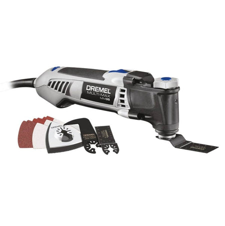 A studio shot of the Dremel Multi-Max MM35 oscillating tool with several included accessories, such as blades and sanding sheets, displayed in front.