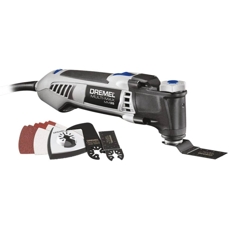 A studio shot of the Dremel Multi-Max MM35 oscillating tool with several included accessories, such as blades and sanding sheets, displayed in front.