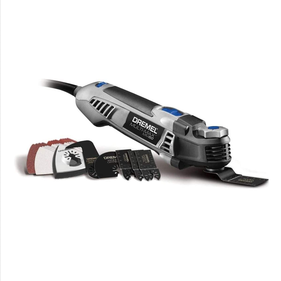 A studio shot of the Dremel Multi-Max MM50 oscillating tool, shown with its 30-piece accessory set of cutting blades and sanding pads.