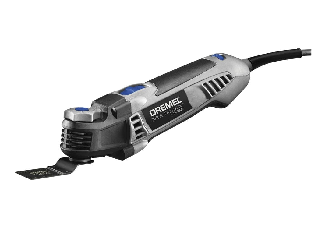A three-quarter studio shot of the Dremel Multi-Max MM50 5.0 amp oscillating tool with a wood flush cut blade attached.
