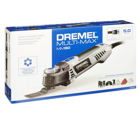 The official retail box for the Dremel Multi-Max MM50 corded oscillating tool kit, model MM50-01, showing the 5.0 amp tool and its 30 included accessories.
