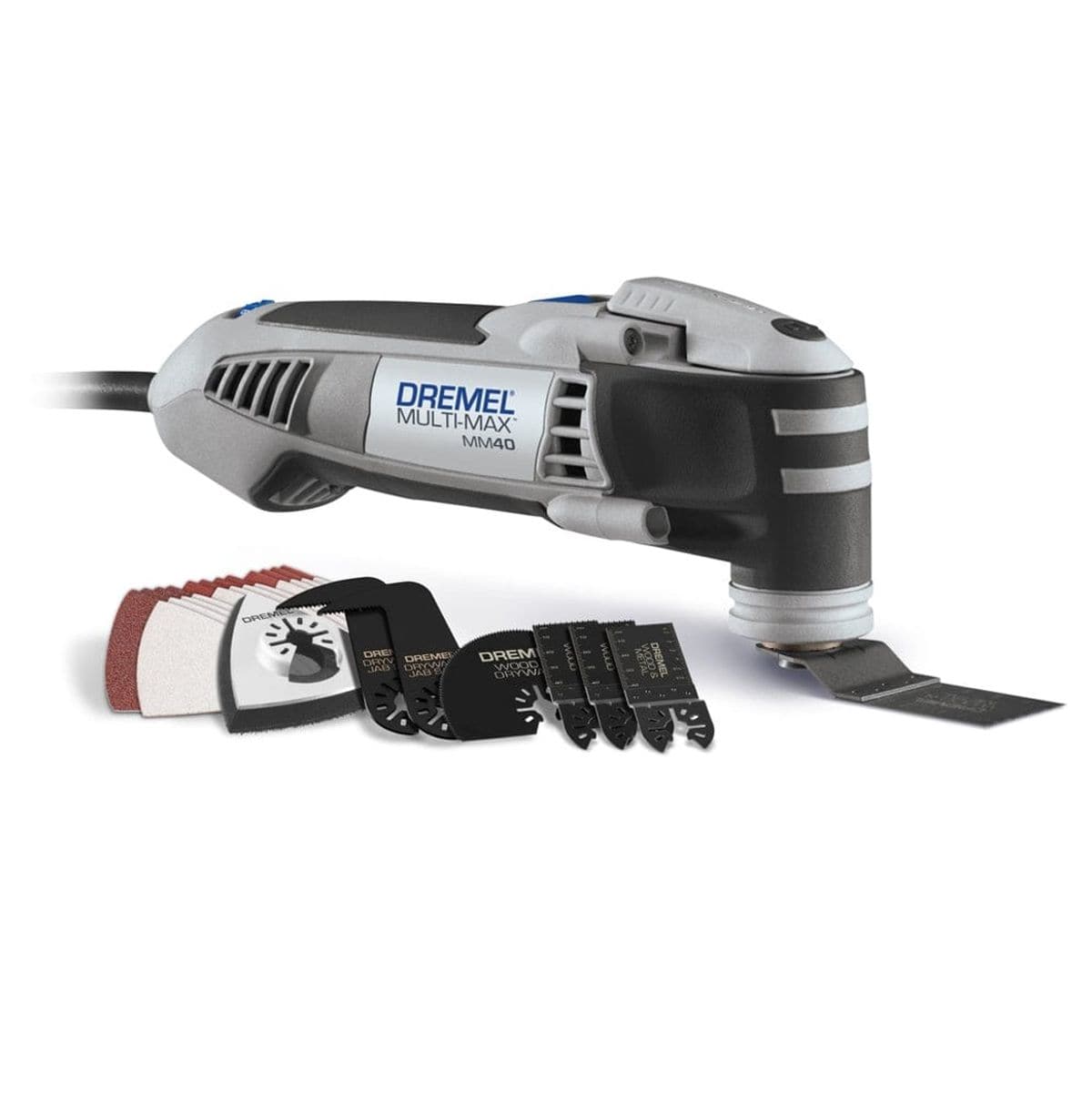A studio product shot of the Dremel Multi-Max MM40 corded oscillating multi-tool shown with a pre-attached wood cutting blade and its 31-piece accessory kit, including various sanding sheets and specialized cutting blades for DIY projects.