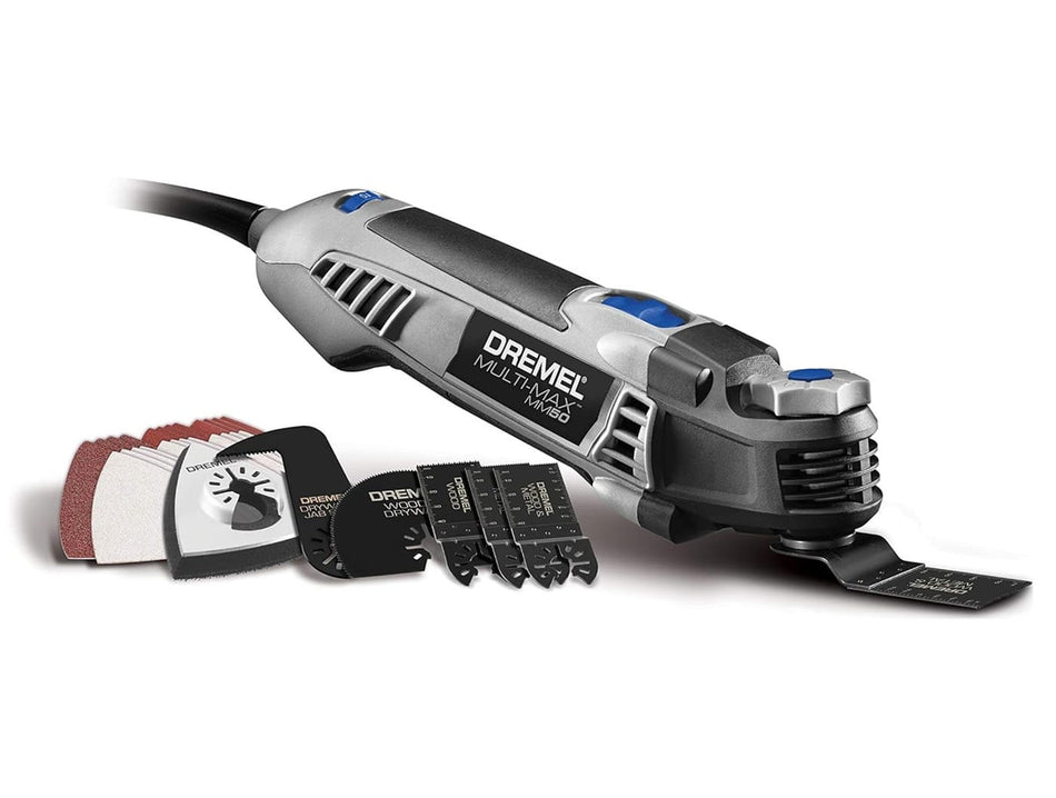 Dremel Multi-Max MM50 corded oscillating tool kit featuring the 5-amp multi-tool alongside a comprehensive accessory set including specialized wood and metal cutting blades and a variety of sanding pads.