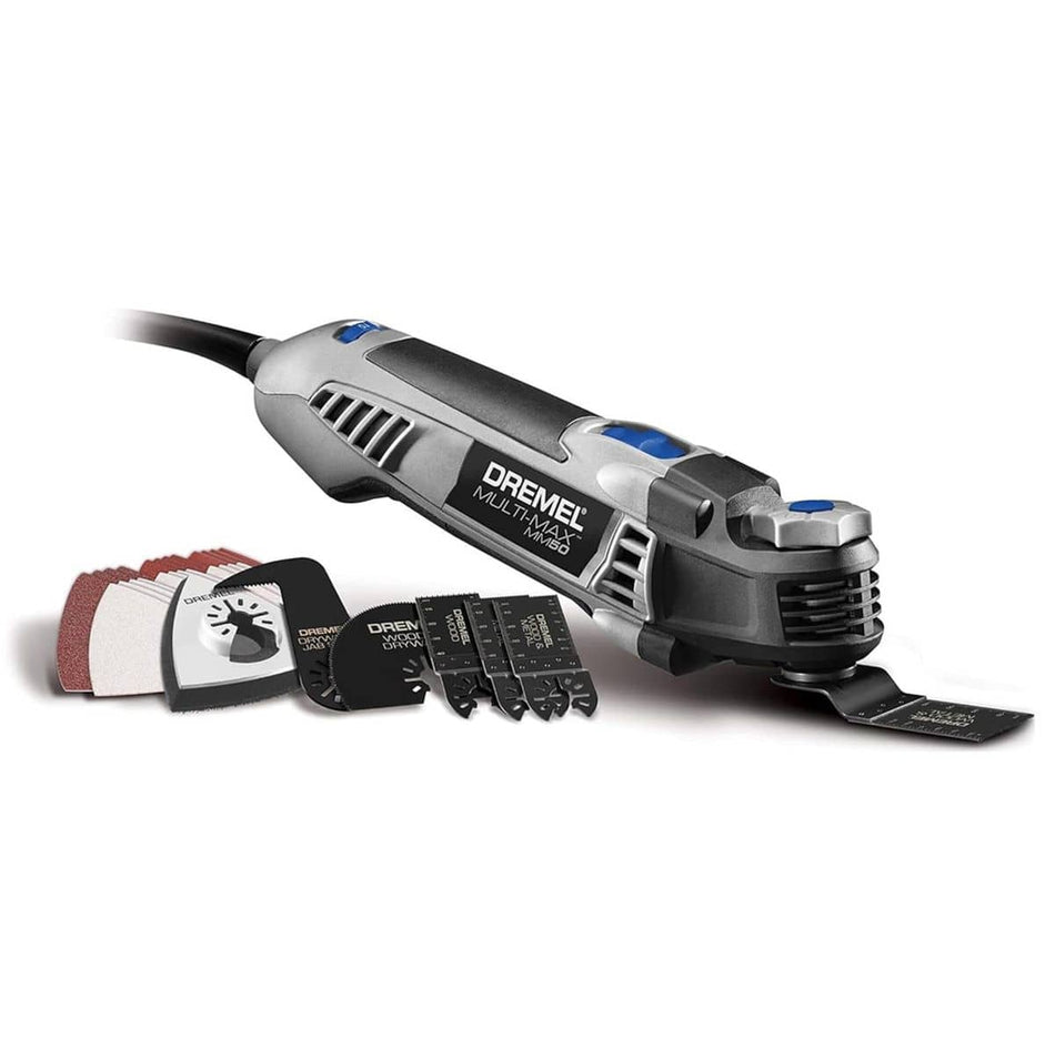 Dremel Multi-Max MM50 corded oscillating tool kit featuring the 5-amp multi-tool alongside a comprehensive accessory set including specialized wood and metal cutting blades and a variety of sanding pads.