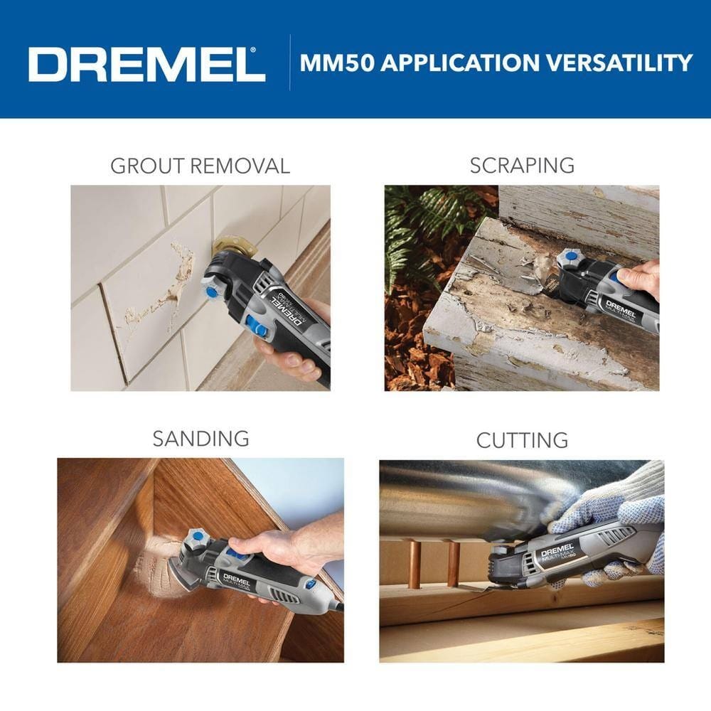 A four-panel application infographic for the Dremel MM50 oscillating multi-tool demonstrating grout removal from wall tile, scraping old paint from wood, sanding a wooden staircase corner, and cutting copper pipe.