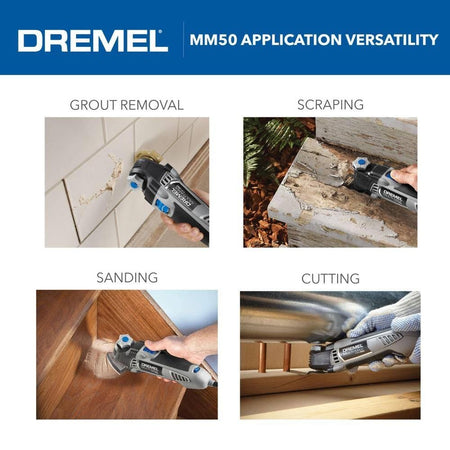 A four-panel application infographic for the Dremel MM50 oscillating multi-tool demonstrating grout removal from wall tile, scraping old paint from wood, sanding a wooden staircase corner, and cutting copper pipe.
