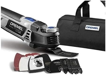 Product shot of the Dremel MM50 oscillating tool with an attached flush cutting blade and the included black Dremel branded soft storage bag for tools and accessories.