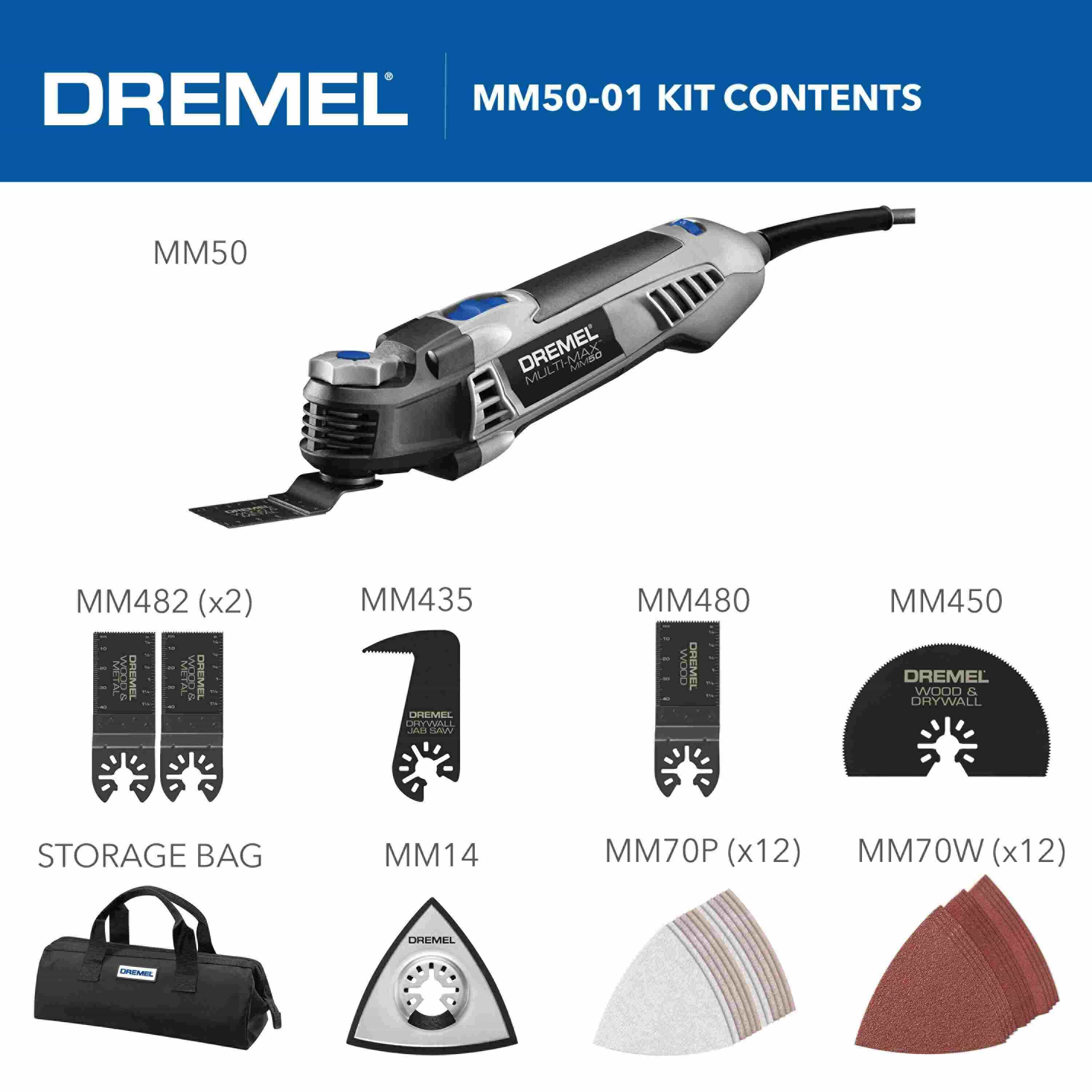 Dremel MM50-01 kit contents overview showing the oscillating tool, storage bag, sanding backer pad, drywall jab saw, wood and metal plunge blades, and 24 assorted sanding sheets.