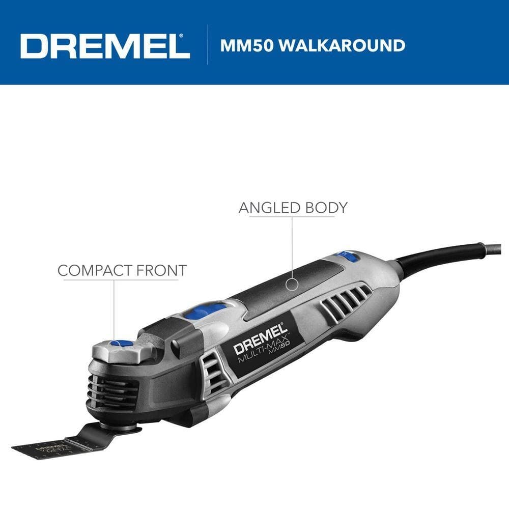 Technical walkaround graphic of the Dremel Multi-Max MM50 labeling the exclusive angled body design for better ergonomics and the 30 percent more compact front end for precision work.