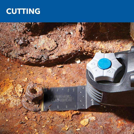 The Dremel Multi-Max MM50 equipped with a carbide-tipped blade cutting through a heavily rusted metal nut and bolt, demonstrating industrial-strength cutting power.