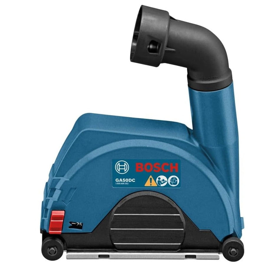 A Bosch GA50DC dust collection attachment for small angle grinders featuring a blue plastic housing and a swivel vacuum hose port.