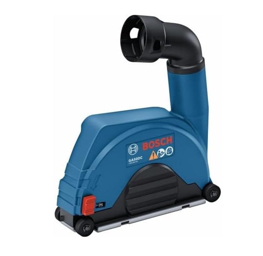 Side view of the Bosch GA50DC dust collection shroud highlighting the large metal foot plate and the adjustable single-screw depth control.