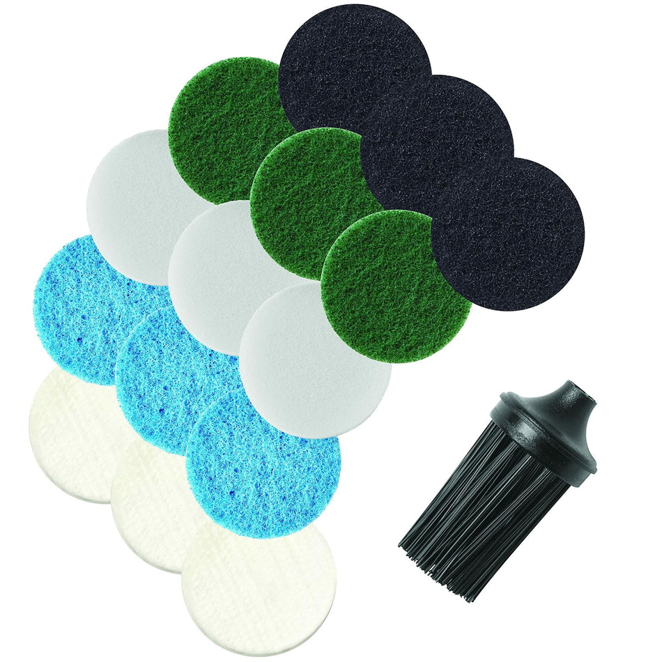 An arrangement of the 15 cleaning pads and one black corner brush from the Dremel Versa kit, showing the various colors and textures for different cleaning applications.