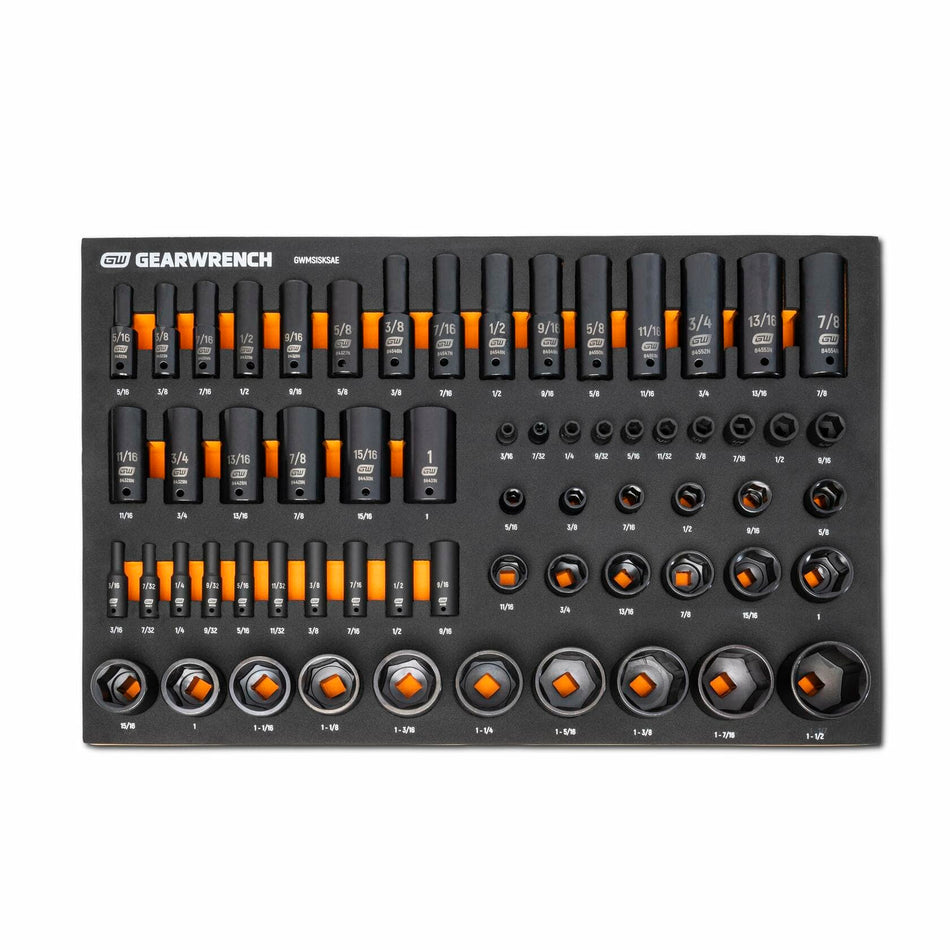 GEARWRENCH 84935N socket set displayed in a molded tray. Includes SAE and metric sockets in standard and deep formats, ranging from 1/4" to 1-1/2" and 6mm to 22mm. Each socket is labeled in orange and white text for quick identification
