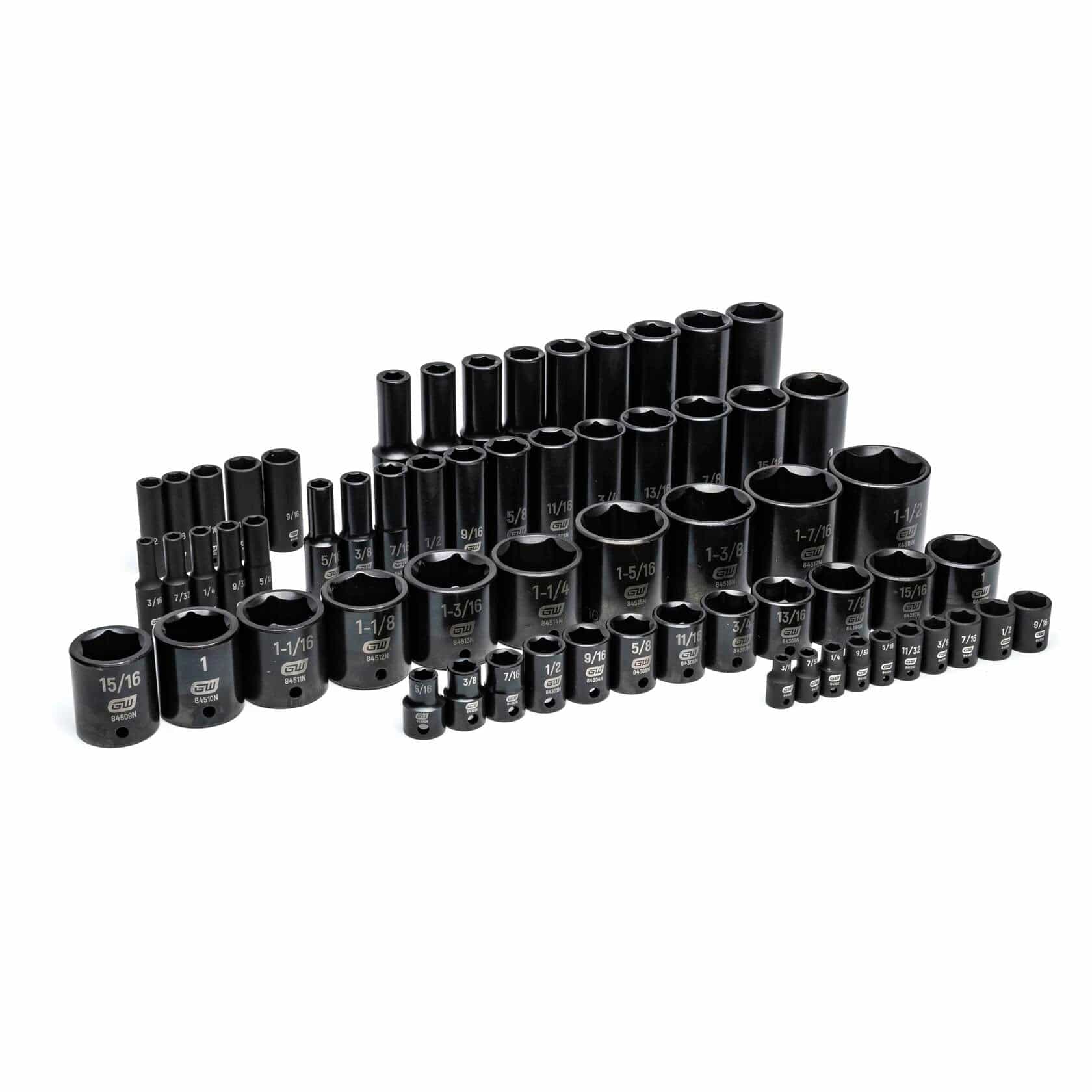 A complete set of black impact sockets arranged in rows by size and type. Includes both shallow and deep SAE sockets labeled with inch measurements such as "15/16", "1-1/4", and "1-1/16". Organized for use with impact wrenches in mechanical or automotive settings.