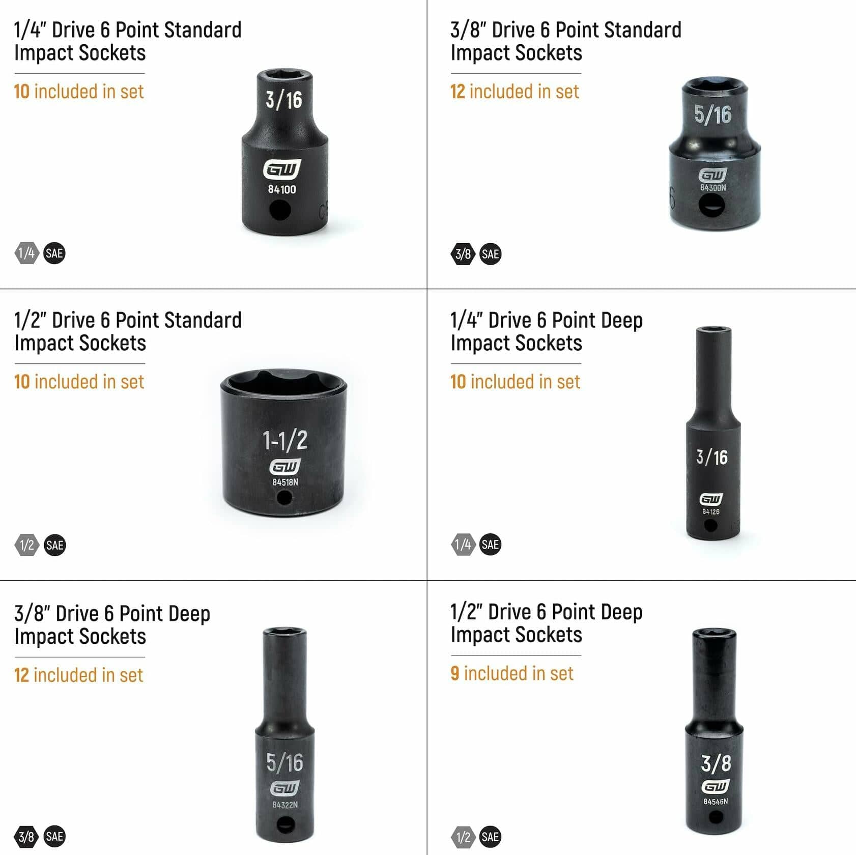 Grid layout showing six types of impact sockets by drive size and depth. Includes 1/4", 3/8", and 1/2" drive sockets in standard and deep formats. Each type is labeled with quantity and sample socket size, ideal for comparing socket configurations.

File: TGnuui6wzVzXLn5VMUTqB.jpeg
Alt Text: GEARWRENCH 84935N socket set displayed in a molded tray. Includes SAE and metric sockets in standard and deep formats, ranging from 1/4" to 1-1/2" and 6mm to 22mm. Each socket is labeled in orange and white text for qui