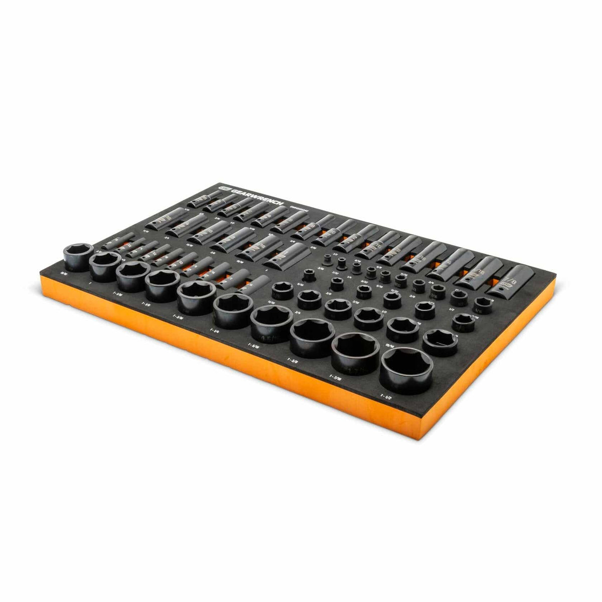 Black impact sockets arranged in a foam tray with labeled slots. Sizes range from 3/8" to 13/16", each socket marked with both size and part number. Organized layout supports efficient tool access for technicians and mechanics