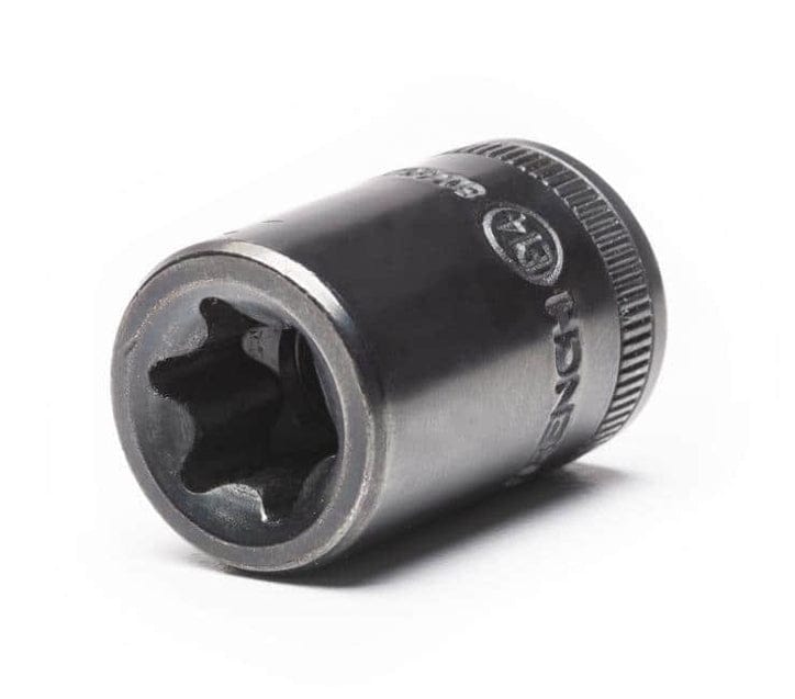 A close-up studio shot of a black External Torx socket, highlighting the six-point internal profile designed to fit External Torx bolt heads.