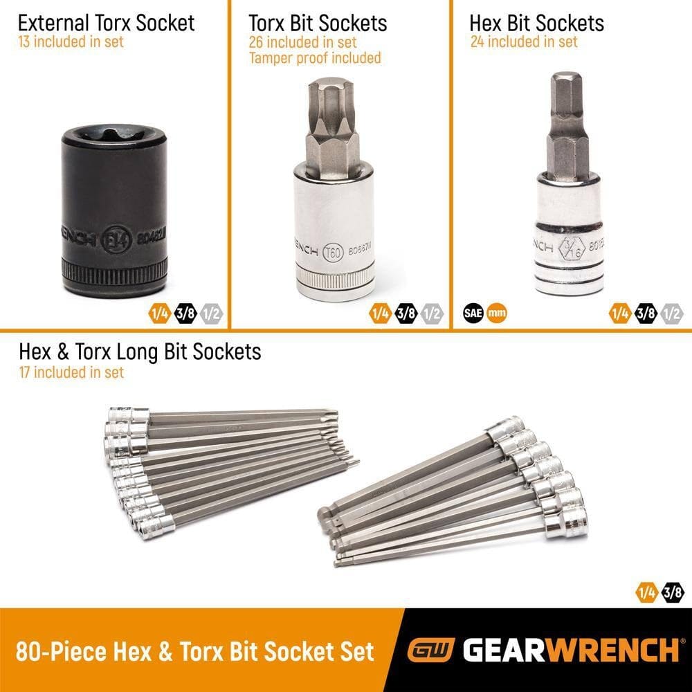 A diagram showcasing the main tool groupings in the 80-piece set: External Torx sockets, Torx bit sockets, Hex bit sockets, and long Hex and Torx bit sockets.