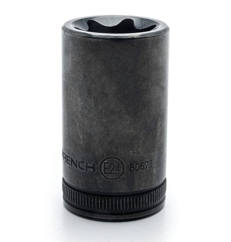 A close-up studio shot of a long black E24 External Torx socket, showing the knurled base and size marking (E24).