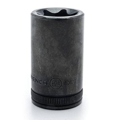 A close-up studio shot of a long black E24 External Torx socket, showing the knurled base and size marking (E24).