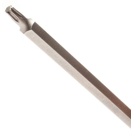 A close-up studio shot of a long, silver S2 steel Torx bit, showing the six-point star design used for recessed Torx fasteners.