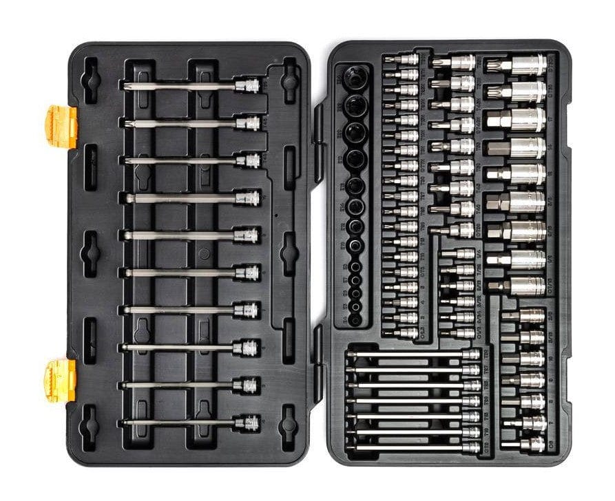 The GEARWRENCH 80-piece bit socket set opened, showing all the hex, Torx, and External Torx bits and sockets organized in the black blow mold case insert.