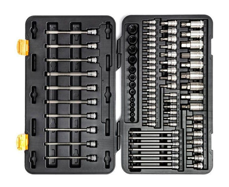 The GEARWRENCH 80-piece bit socket set opened, showing all the hex, Torx, and External Torx bits and sockets organized in the black blow mold case insert.