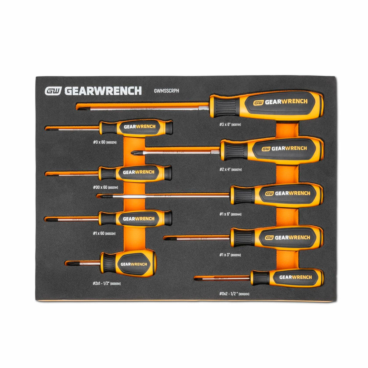 A top-down view of the GEARWRENCH GWMSSCRPH 9-piece Phillips screwdriver set, with all tools neatly organized in the black foam tray.