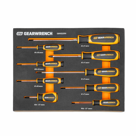 A top-down view of the GEARWRENCH GWMSSCRPH 9-piece Phillips screwdriver set, with all tools neatly organized in the black foam tray.
