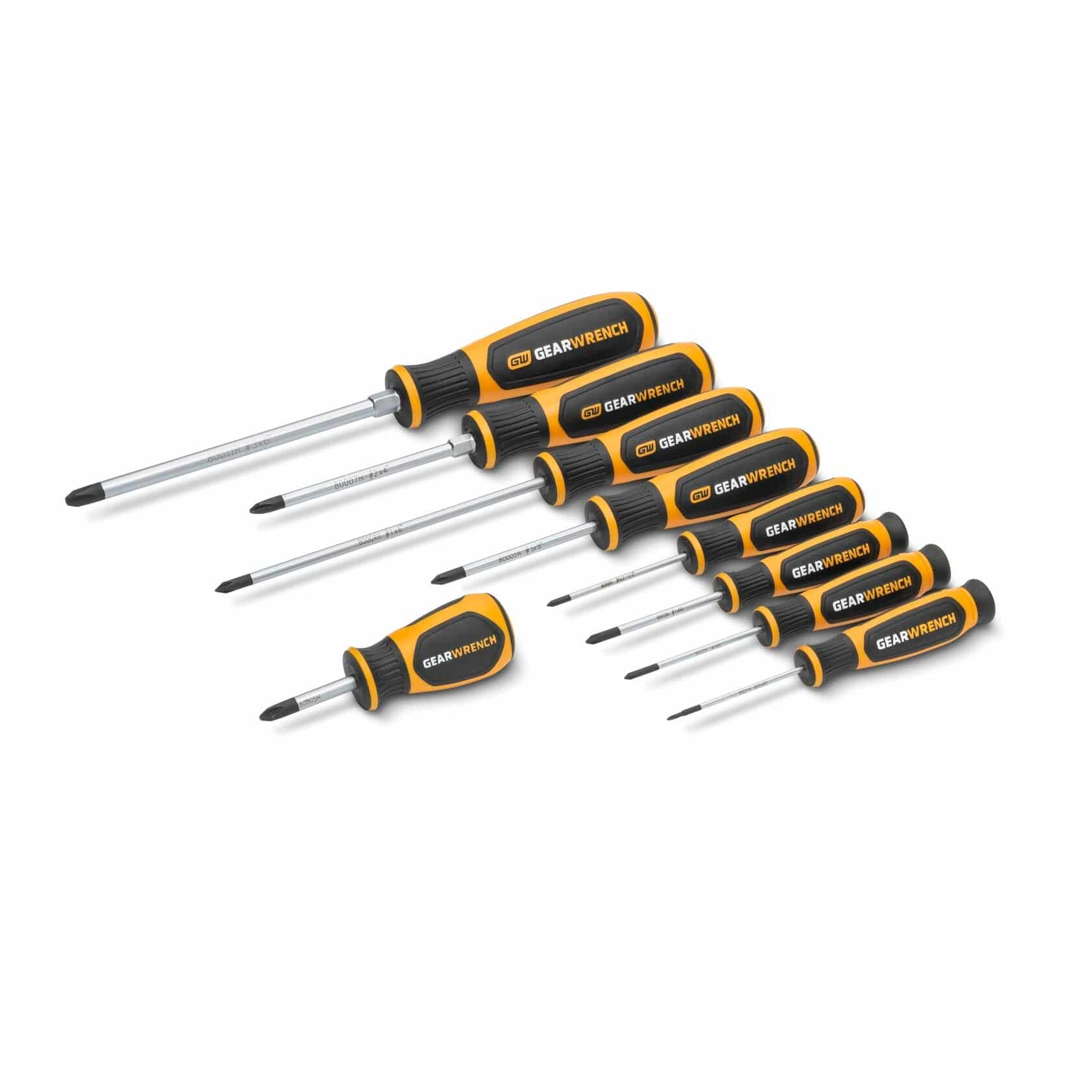 All 9 Phillips screwdrivers from the GEARWRENCH set, including stubby and long-shaft versions, arranged against a white background.