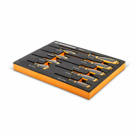 An angled view of the complete 9-piece GEARWRENCH screwdriver set resting in the black and orange foam organizational tray.