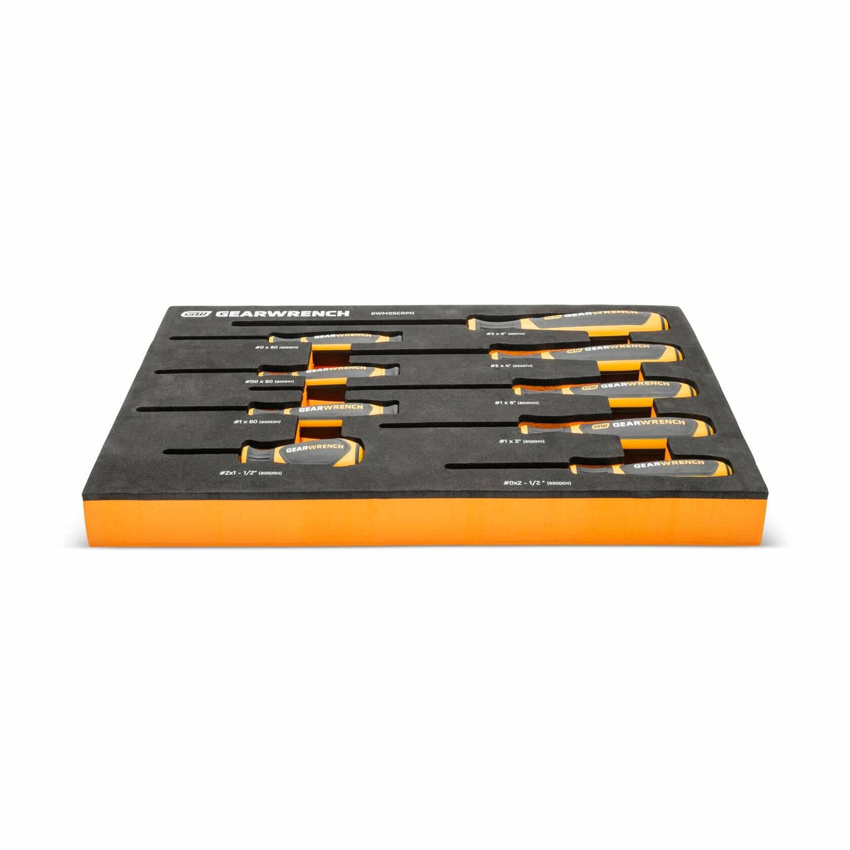 A side-angle view of the modular foam tray, showing all 9 Phillips screwdrivers organized in their custom-fit cutouts.
