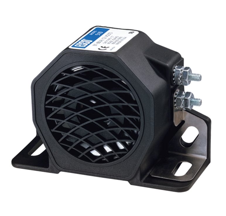 Angled studio shot of the ECCO 510 alarm highlighting the compact black housing, blue specification label, and two threaded stud terminals on the side.