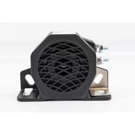 Front view of the black ECCO 510 back-up alarm showing the speaker grille pattern, mounting flanges, and side stud terminals.