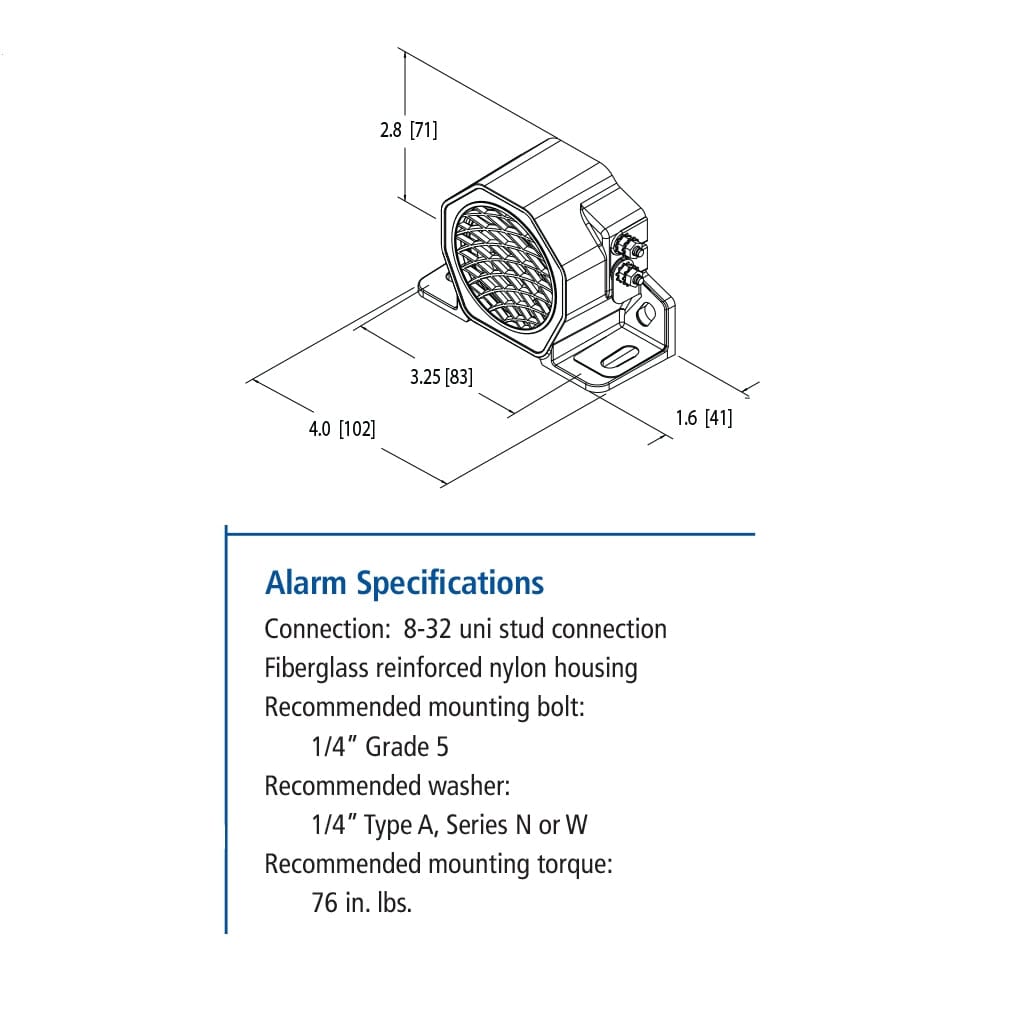 Technical line drawing of the alarm in an isometric view with dimensions: 2.8 inches height, 3.25 inches mounting hole width, 4.0 inches overall width, and 1.6 inches depth.