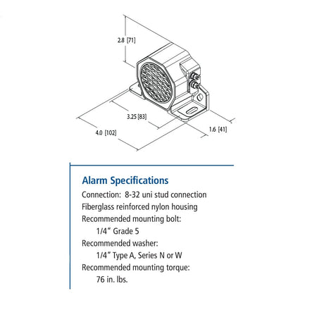 Technical line drawing of the alarm in an isometric view with dimensions: 2.8 inches height, 3.25 inches mounting hole width, 4.0 inches overall width, and 1.6 inches depth.