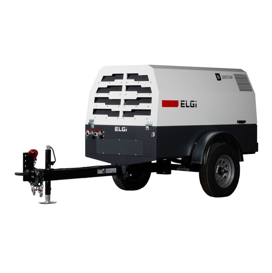 A profile view of the ELGi D185T4F 185 CFM portable rotary screw air compressor featuring a durable white and charcoal grey weather-resistant enclosure mounted on a single-axle trailer with a heavy-duty pintle hitch and stabilizing jack.
