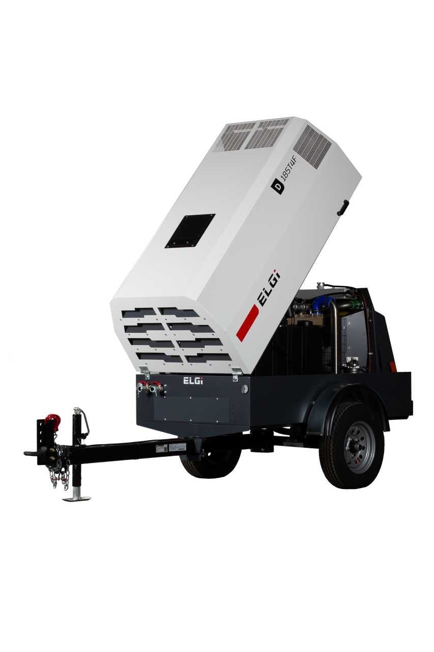 The ELGi D185T4F diesel air compressor with the gull-wing style canopy fully raised, demonstrating the easy service access to the internal Kohler KDI engine and rotary screw airend components.