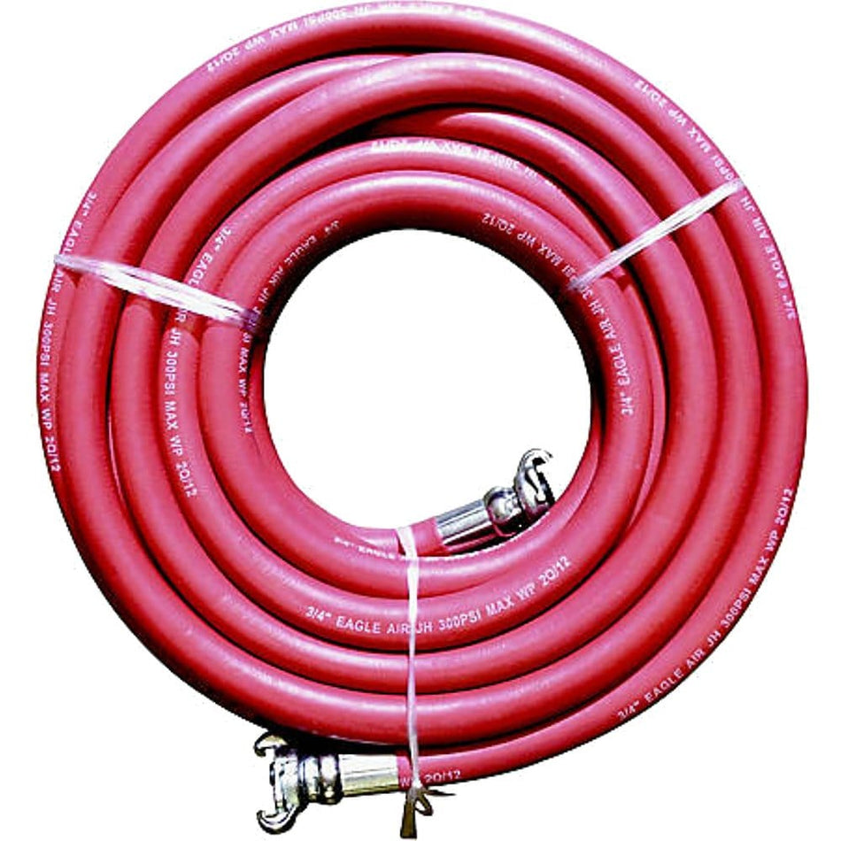 A studio product shot of the Eagle Air 1-inch by 50-foot red rubber jackhammer hose, shown coiled and secured with white plastic ties, featuring a heavy-duty red outer jacket and steel couplings at both ends for industrial pneumatic applications.