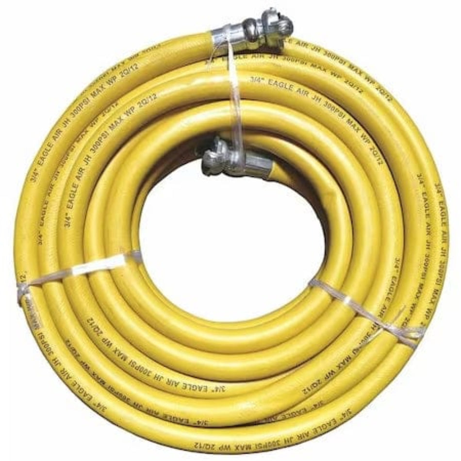 A studio product shot of the Eagle Air 3/4-inch by 50-foot rubber jackhammer hose, shown coiled and secured with plastic ties, featuring a high-visibility yellow outer jacket and heavy-duty steel couplings at both ends.