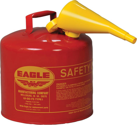 Eagle 5 Gallon Type I Red Safety Gas Can with flame arrester, self-closing lid, F-15 funnel, galvanized steel