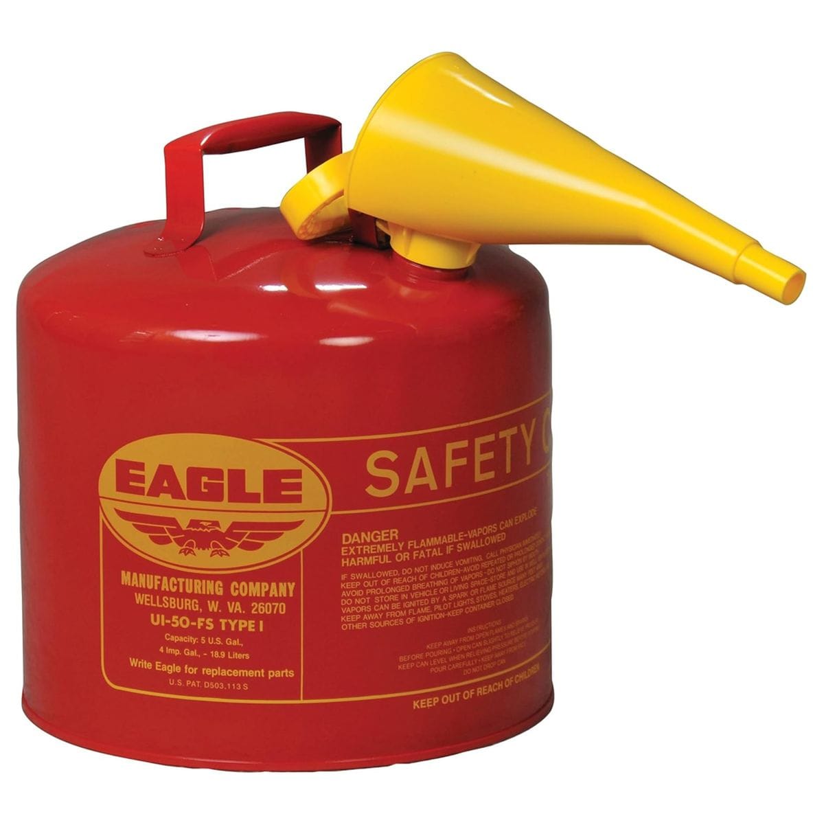 Eagle 5 Gallon Type I Red Safety Gas Can with flame arrester, self-closing lid, F-15 funnel, galvanized steel
