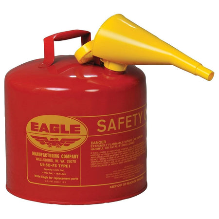 Eagle 5 Gallon Type I Red Safety Gas Can with flame arrester, self-closing lid, F-15 funnel, galvanized steel
