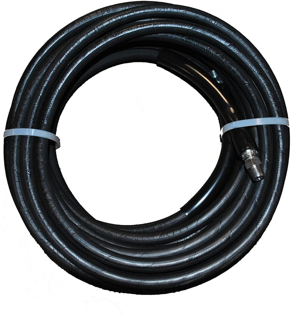A studio product shot of the Eaglewash 3/8-inch by 50-foot black pressure washer hose, shown coiled and secured with plastic ties, featuring heavy-duty black bend restrictors and steel fittings at both ends for industrial high-pressure cleaning.
