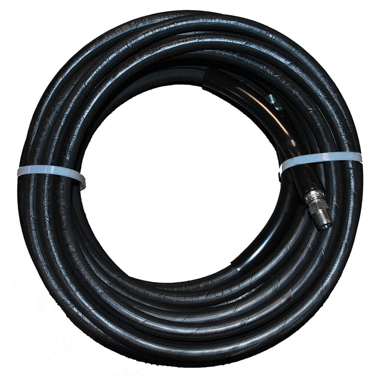 A studio product shot of the Eaglewash 3/8-inch by 50-foot black pressure washer hose, shown coiled and secured with plastic ties, featuring heavy-duty black bend restrictors and steel fittings at both ends for industrial high-pressure cleaning.